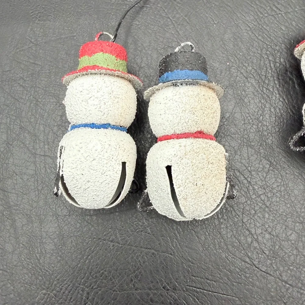 Set of 4 Snowman Jingle Bell Christmas Ornaments Metal Textured Holiday Decor
